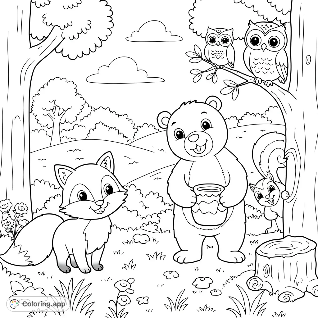 Discover a delightful animated animals coloring page featuring a cheerful fox, giggling bear, playful squirrel, and curious owl in a whimsical forest scene.