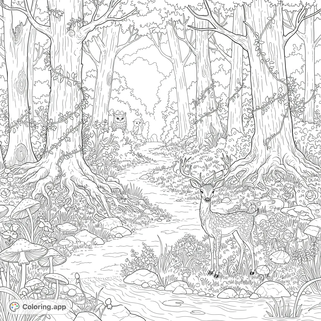 Explore a magical forest with towering trees, hidden creatures, and intricate flora. A captivating scene for all ages, perfect for creative expression.