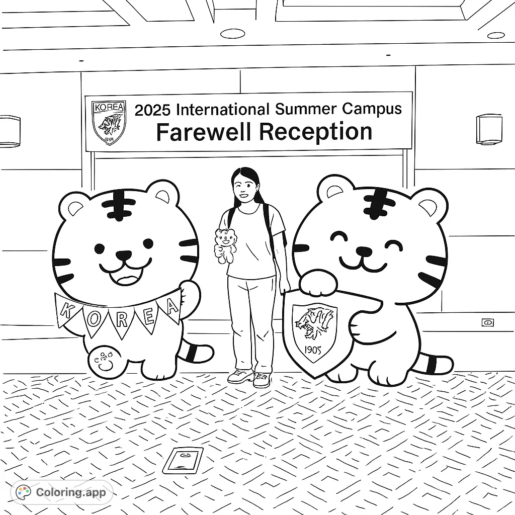 Celebrate campus memories with this fun coloring page featuring a person alongside two friendly tiger mascots and a university farewell banner.