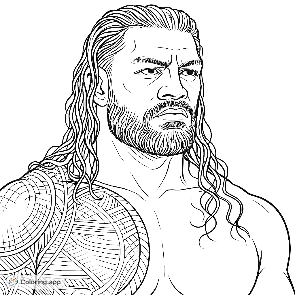 Color a powerful portrait of a man with a distinctive tribal tattoo and flowing hair. Perfect for detailed shading and artistic expression.