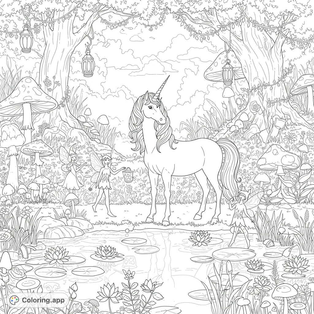 Discover a magical enchanted forest coloring page featuring a graceful unicorn, playful fairies, ancient trees, and fantastical mushrooms by a tranquil pond.