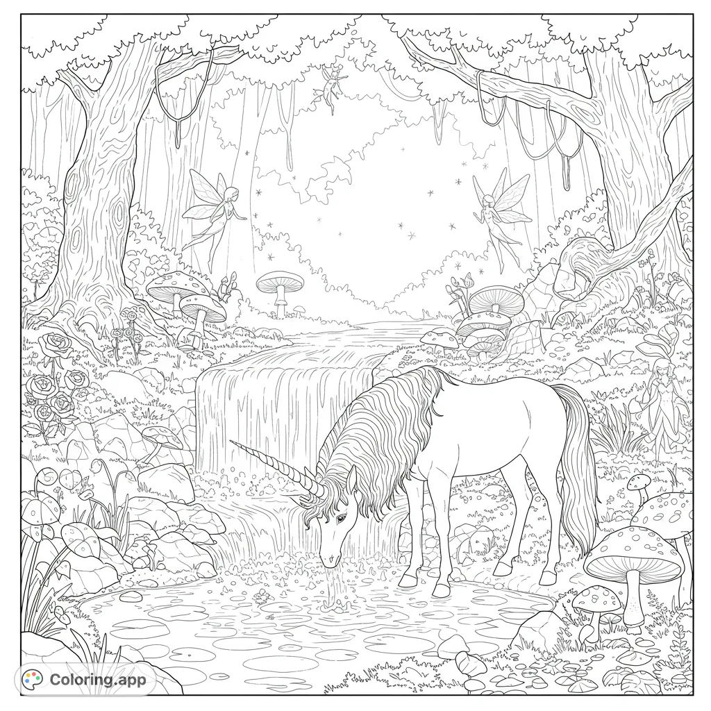 Enter a magical realm with a majestic unicorn at a waterfall's base, surrounded by flitting fairies, ancient trees, and glowing flora. A mystical fantasy scene.