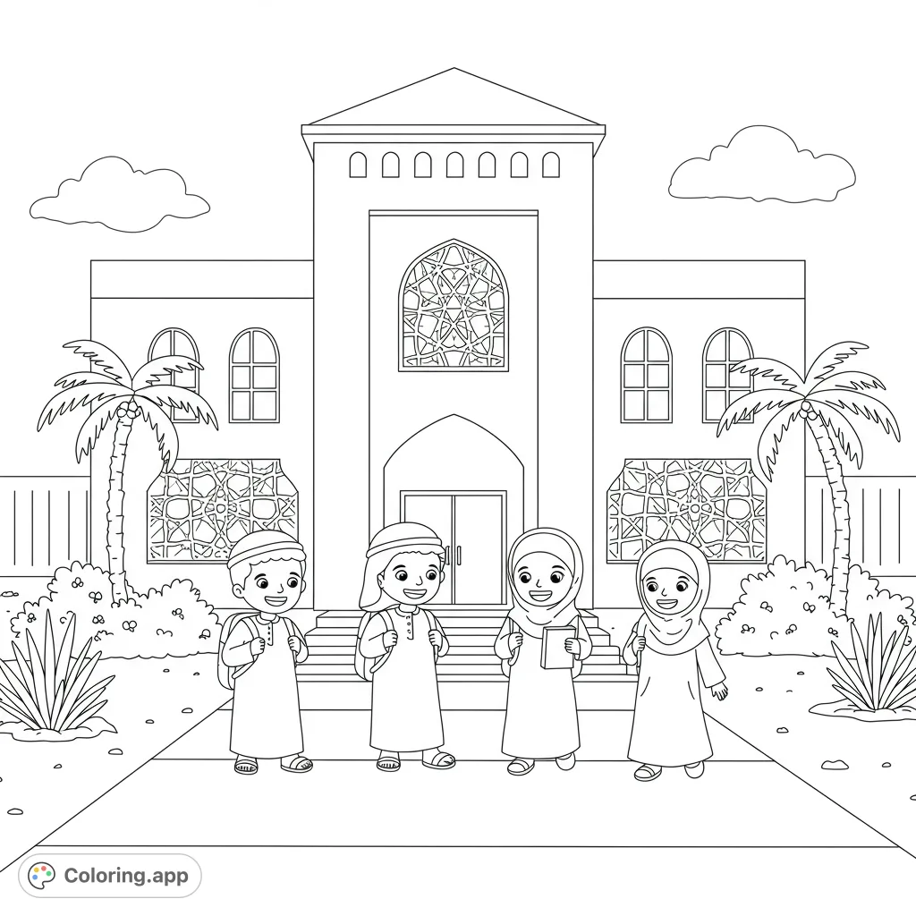 Join cheerful Arabic children on their exciting journey back to school. A delightful scene with traditional attire and a grand school building.