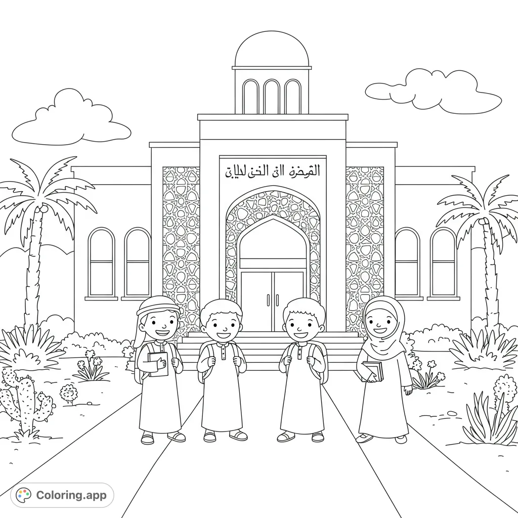 Join cheerful Arabic children on their exciting journey back to school. A delightful scene with traditional attire and a grand school building.