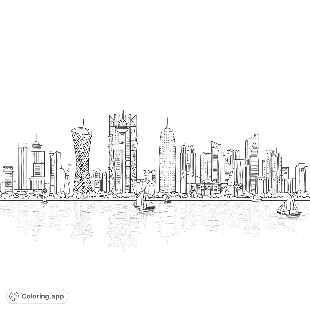 Explore the majestic Doha city skyline, featuring towering skyscrapers, unique architecture, and a serene waterfront. A detailed urban landscape for creative coloring.