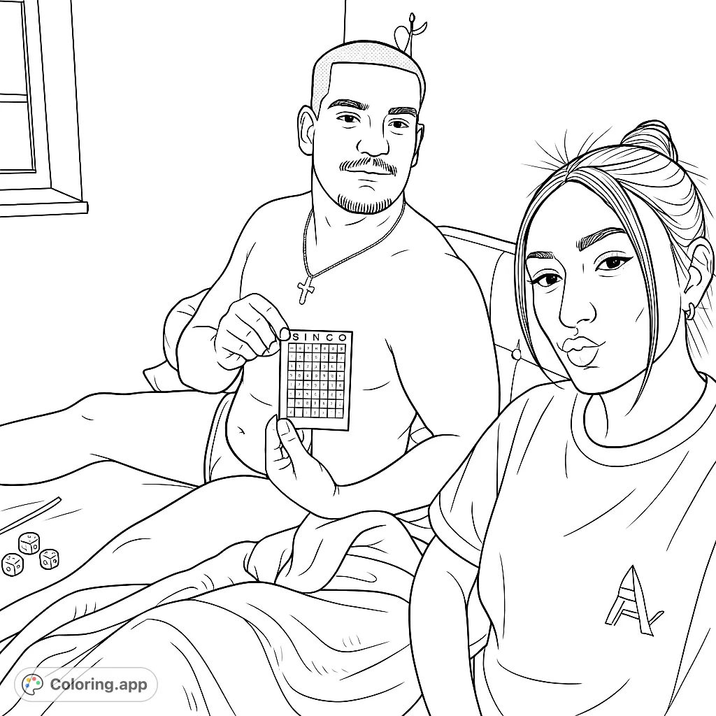 A couple relaxing indoors, with one holding a game card and the other posing playfully. Features dice and a casual setting for adults.