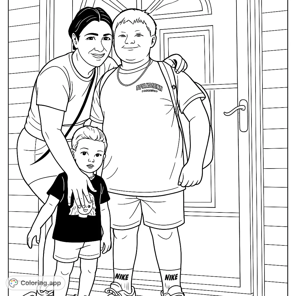 A heartwarming family portrait featuring a woman and two boys standing proudly in front of their home, perfect for a personalized coloring experience.