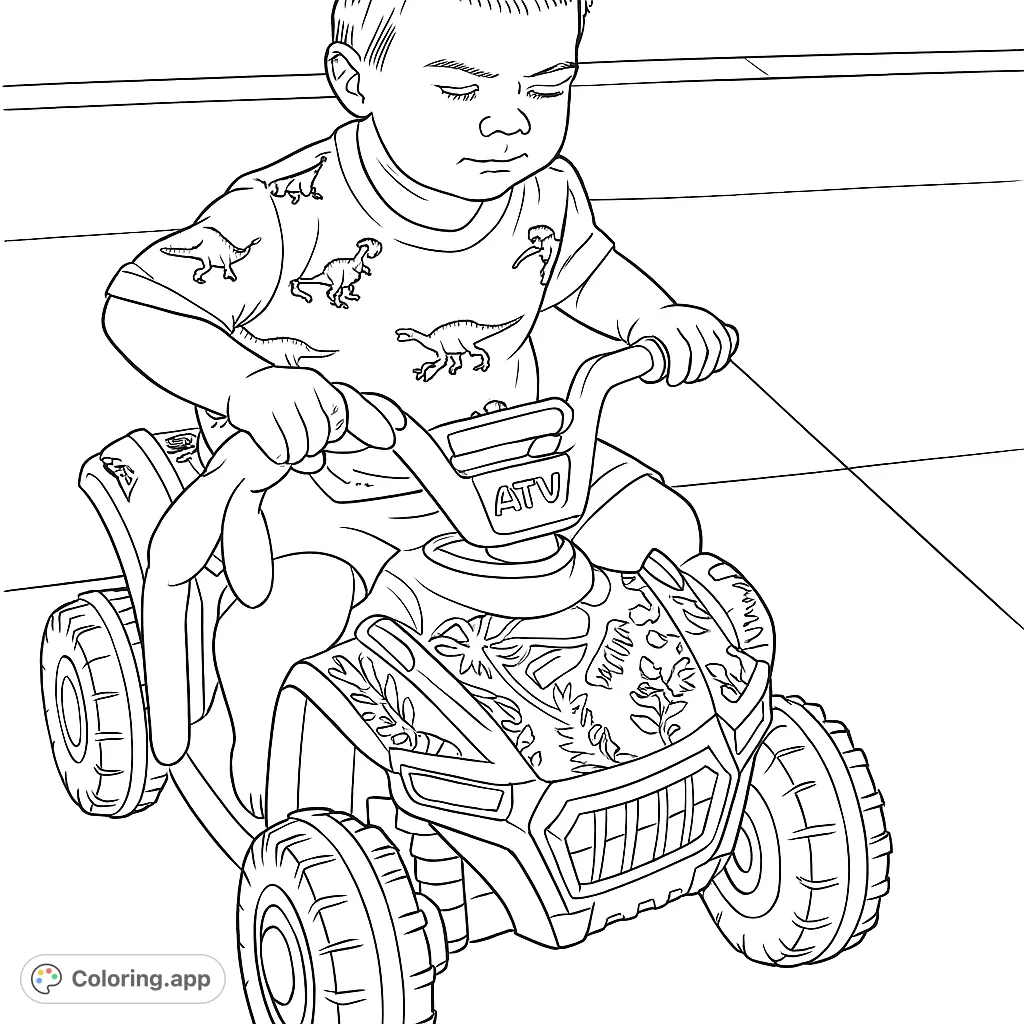 A delightful ATV adventure featuring a young child and their stuffed animal, perfect for imaginative play and creative coloring fun.