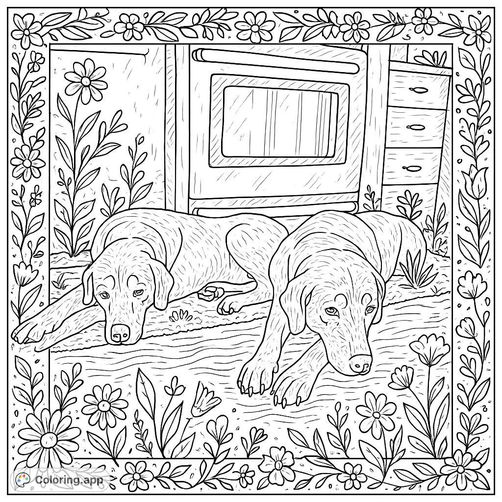 A heartwarming coloring page featuring two peaceful dogs resting on a patterned mat in a cozy kitchen. Adorned with whimsical flowers and leaves.