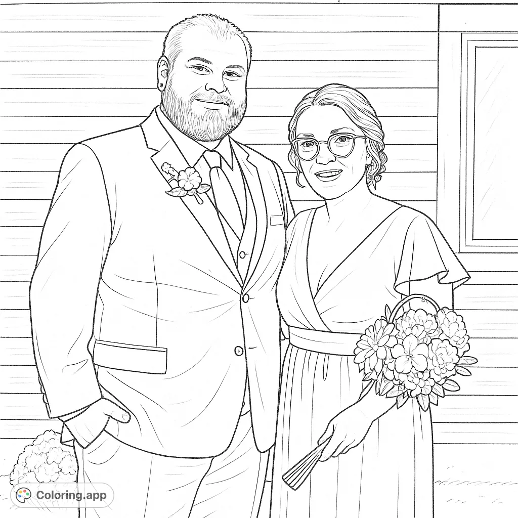 Capture a special moment with this elegant couple portrait coloring page. Perfect for personalizing for weddings, anniversaries, or engagement celebrations.