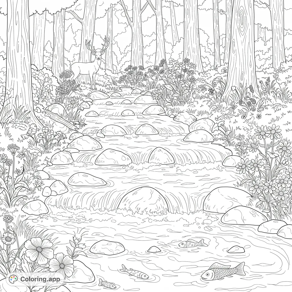 Stream Coloring Line Forest Stream Wildlife Haven - Coloring.app