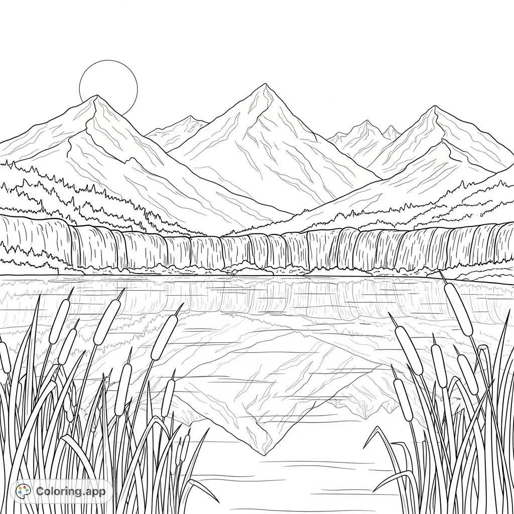 Explore a serene mountain lake scene with majestic peaks, cascading waterfalls, and delicate cattails. A perfect nature coloring page for all ages.