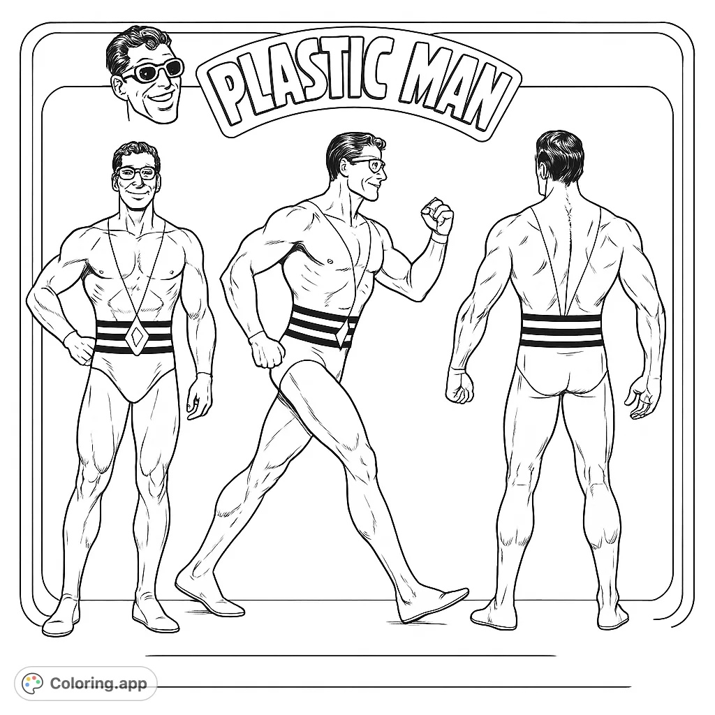 Unleash your creativity with this dynamic Plastic Man coloring page! Featuring the stretchy hero in three iconic poses, perfect for comic fans. Free printable superhero coloring page.