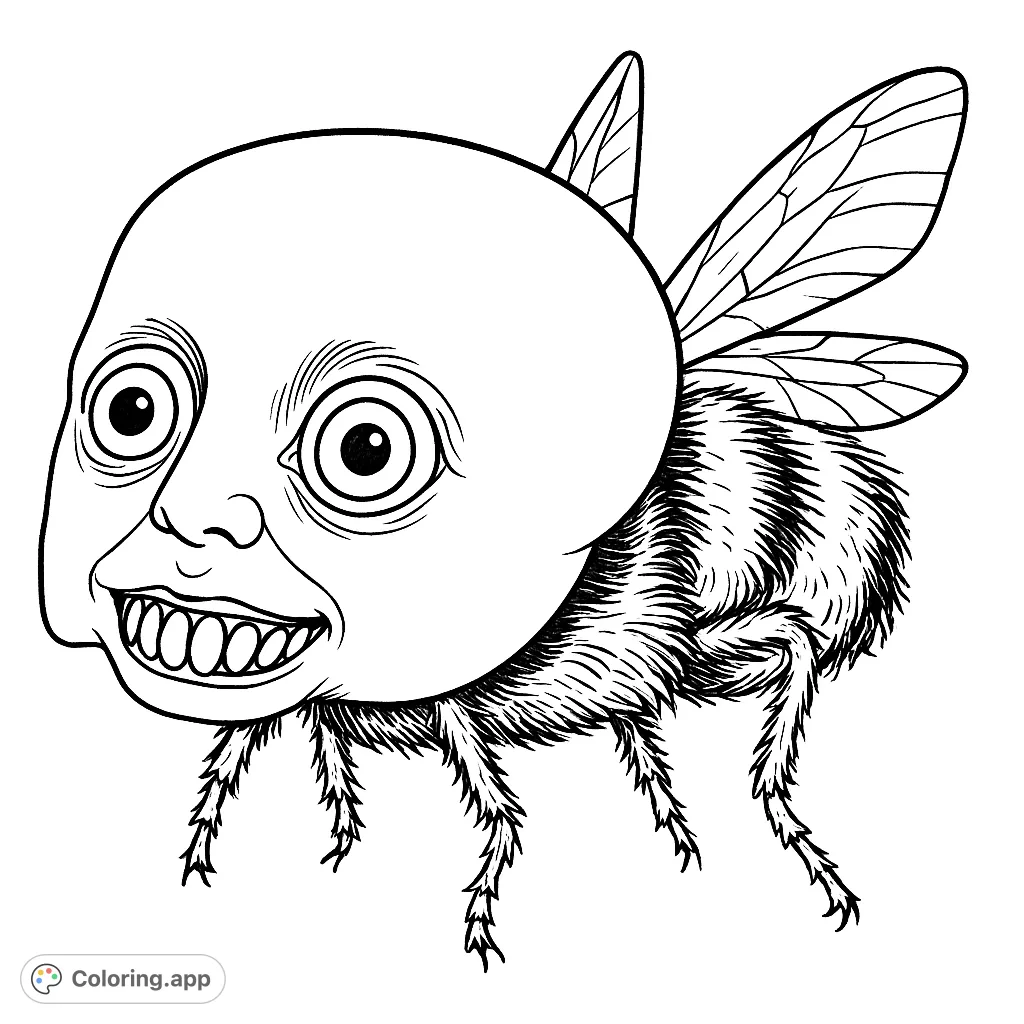 Explore a bizarre doll-headed insect creature with wide eyes and a fuzzy body. A unique and unsettling design for a horror-themed coloring page.
