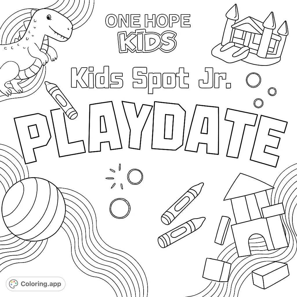 A vibrant playdate scene featuring a friendly dinosaur, bouncy castle, toys, and crayons, perfect for a fun and imaginative coloring experience.