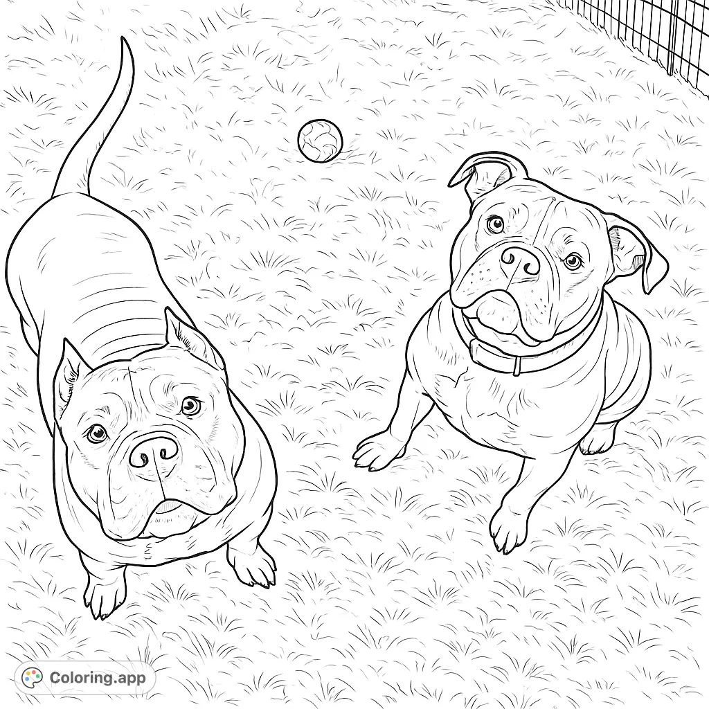 Color two adorable canine companions in a grassy yard, ready for playtime. A delightful scene for dog lovers of all ages to bring to life!