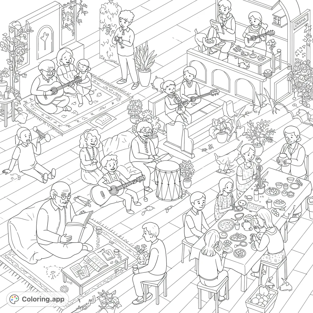 Explore a heartwarming multi-generational community scene, featuring shared reading, music, laughter, and meals. A free printable coloring page for all ages.