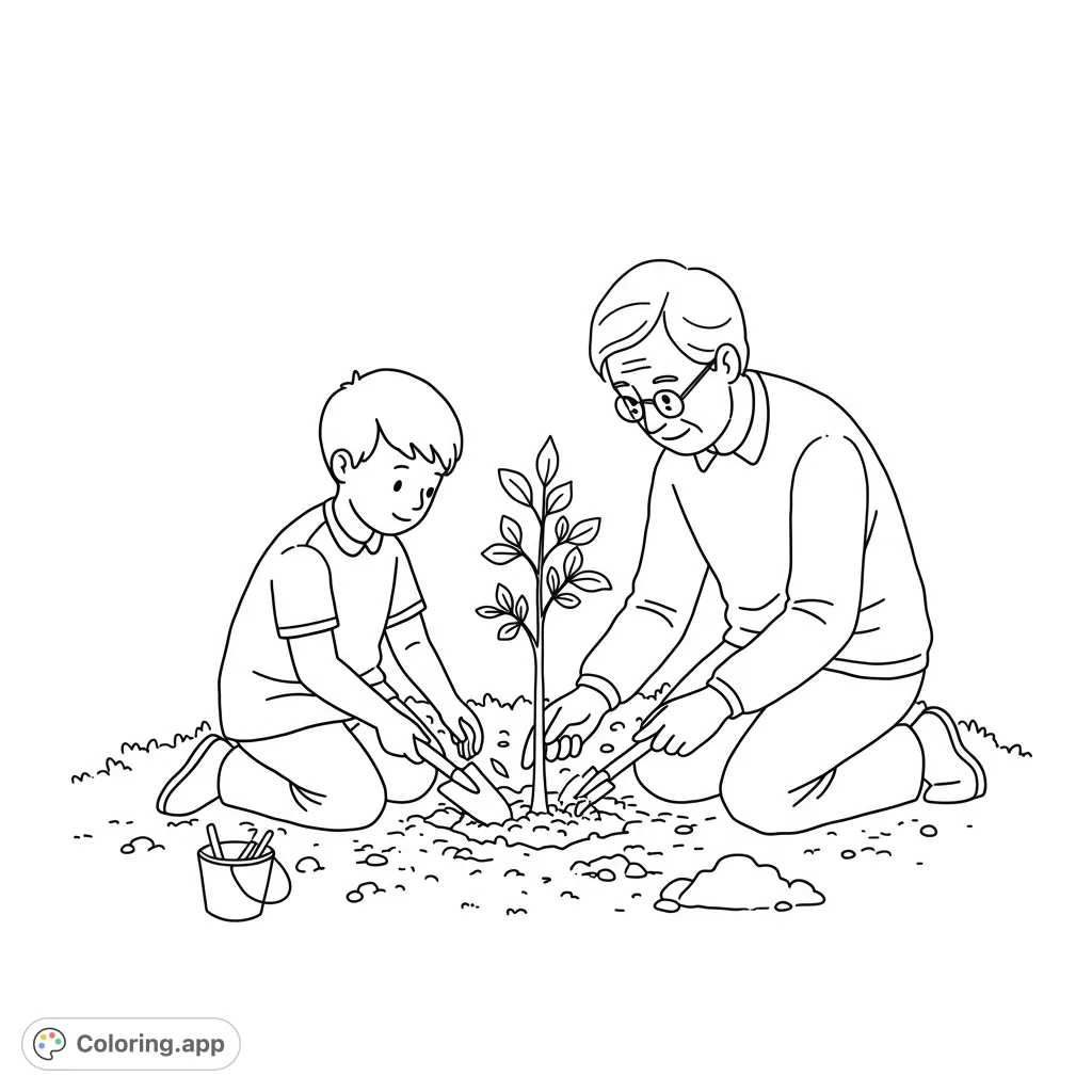 A heartwarming tree planting coloring page featuring a child and an adult, perfect for all ages. A free printable coloring page for kids and adults.