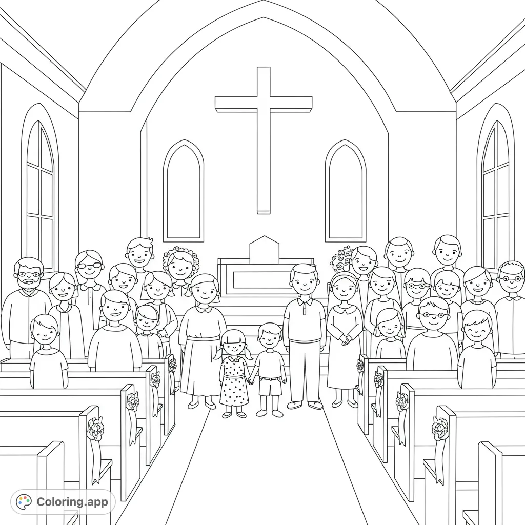 A heartwarming church community coloring page featuring diverse people of all ages worshipping together in front of a large cross. Perfect for all ages.