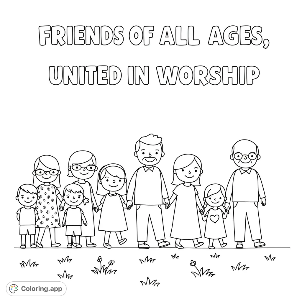 A heartwarming free printable friendship coloring page featuring a family of friends from different generations walking hand-in-hand, united in worship.