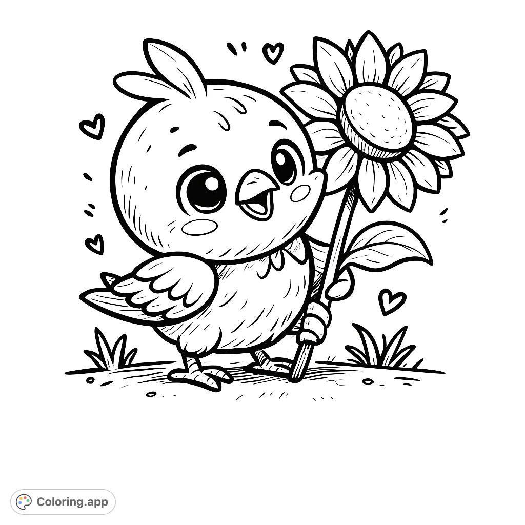 Adorable bird holding a large sunflower, surrounded by hearts. A charming and cheerful scene perfect for a delightful coloring experience.