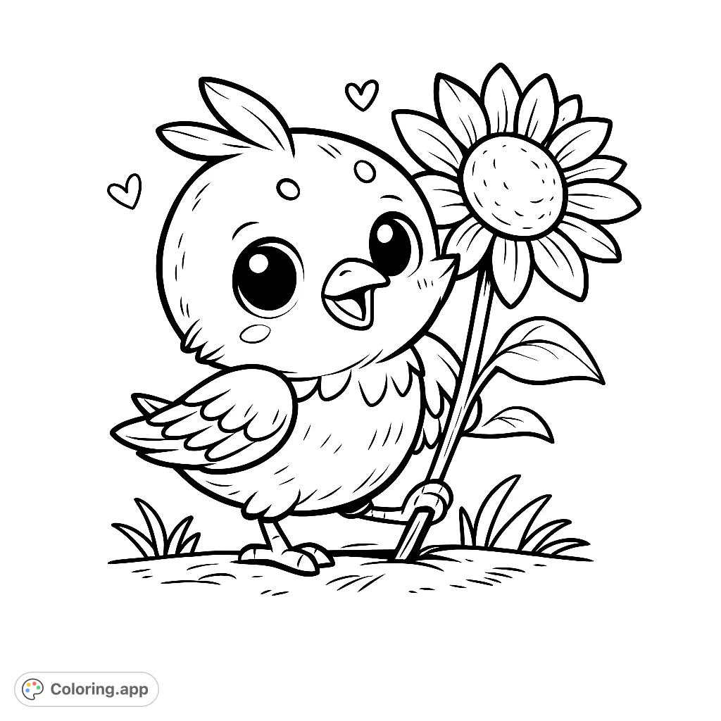 A delightful bird holds a cheerful sunflower, ready for your creative touch. A cute and simple design perfect for all ages to enjoy.