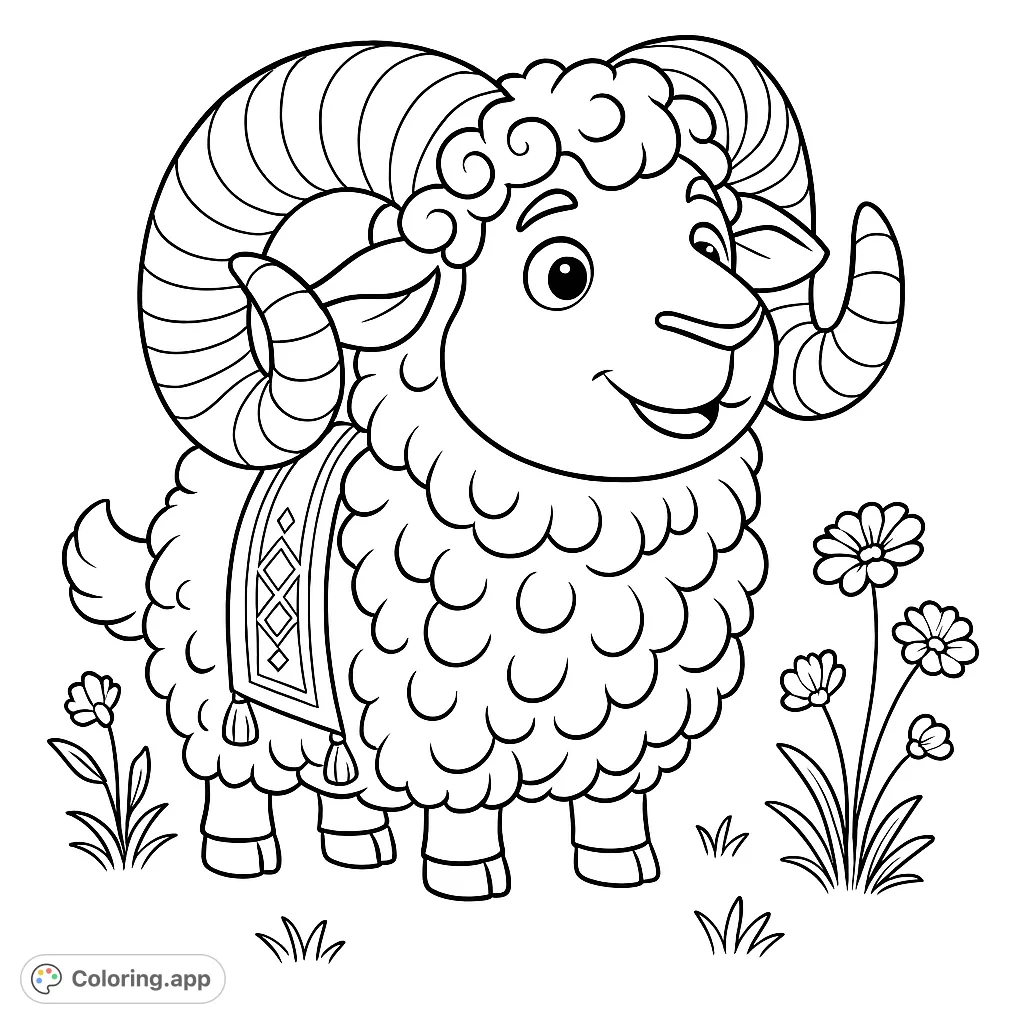 A charming ram with large horns and a decorative sash, surrounded by delicate flowers. Perfect for a delightful coloring experience.