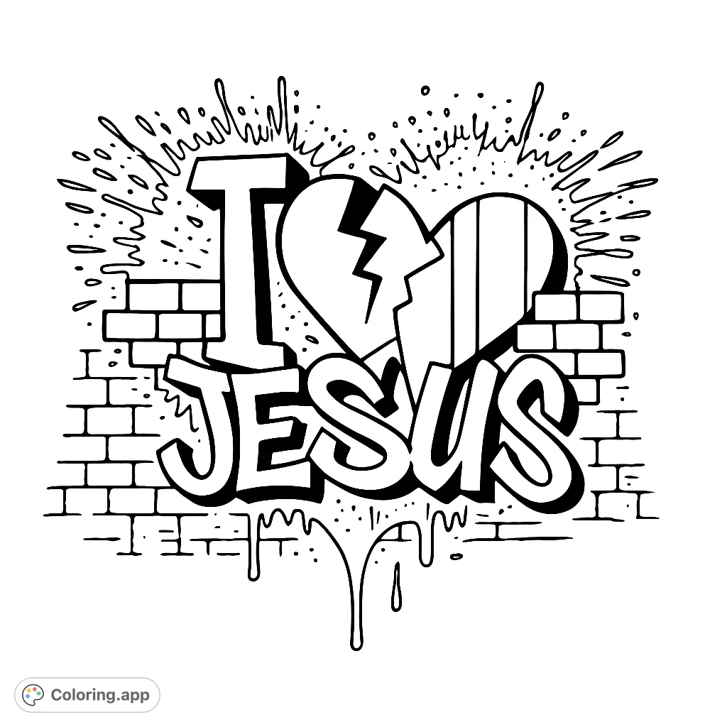 Express your faith with this dynamic graffiti-style coloring page featuring bold lettering, a broken heart, and urban textures. Free printable.
