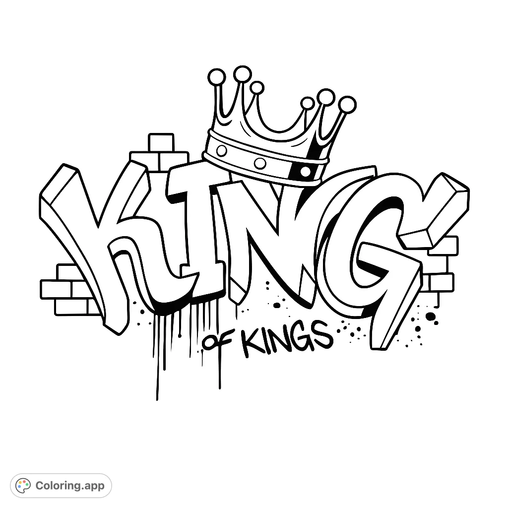 Unleash your creativity with this bold graffiti-style "KING" typography coloring page, featuring a crown and urban elements.