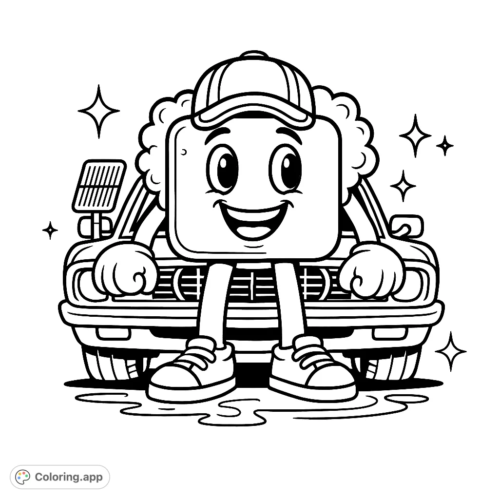 A cheerful car wash character stands proudly in front of a freshly cleaned car, surrounded by suds and sparkles. Perfect for automotive fun!