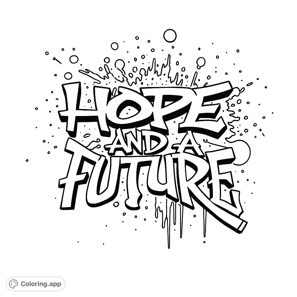 Unleash creativity with this graffiti-style "Hope and a Future" coloring page, featuring bold lettering and dynamic splatters for an urban art experience.