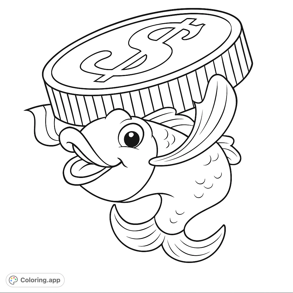 A cheerful fish holds a large coin with a dollar sign, perfect for a fun and whimsical coloring adventure. Great for kids and adults!