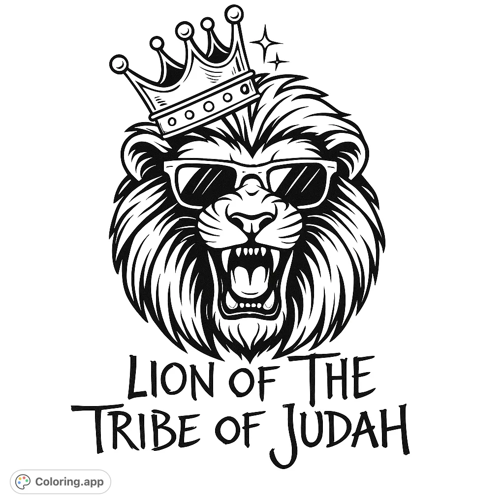 A majestic lion wearing a crown and stylish sunglasses, with the text 'Lion of the Tribe of Judah' below. A powerful and cool design for all ages.