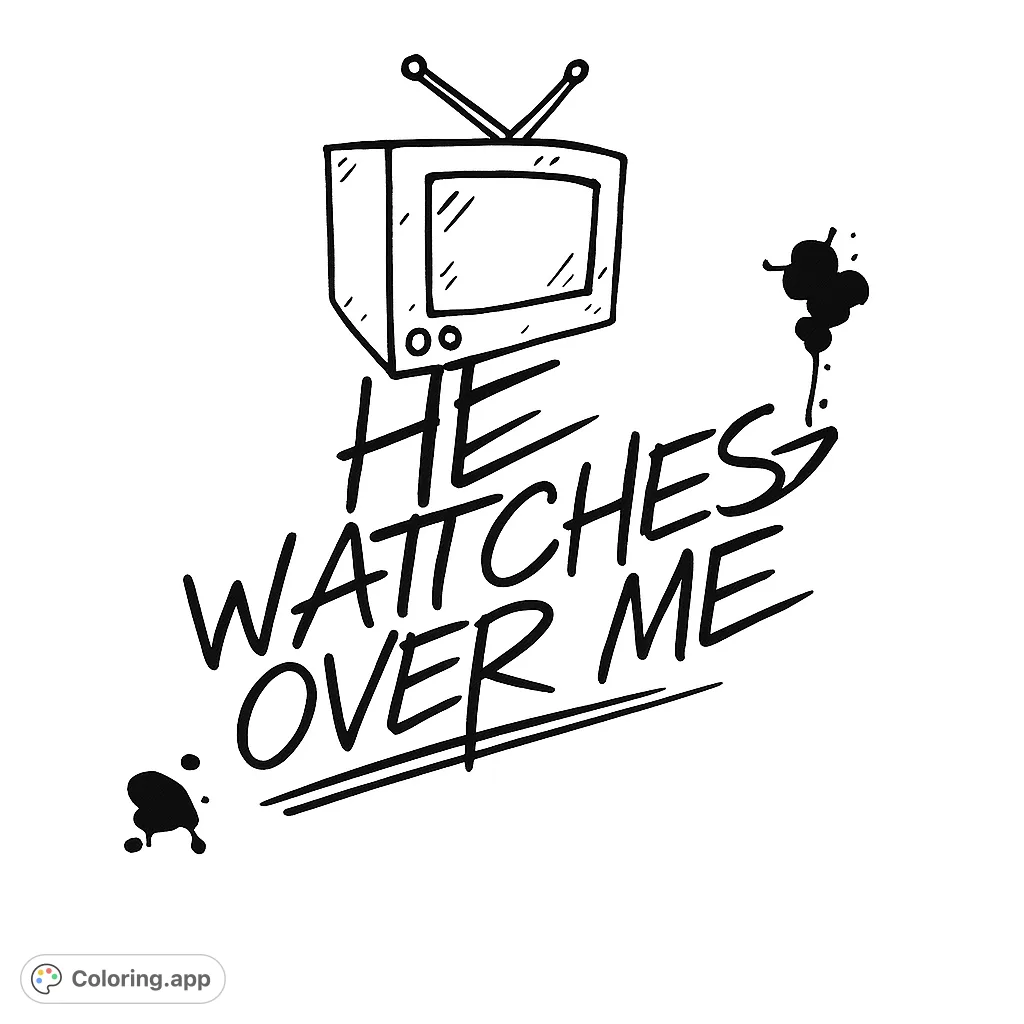 A unique coloring page featuring a retro television and distressed text "HE WATCHES OVER ME" on a textured background.
