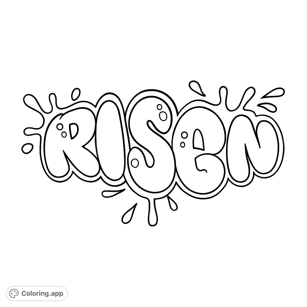 Color a dynamic 'RISEN' graffiti word with bold bubble letters and an energetic splatter background, perfect for urban art enthusiasts.