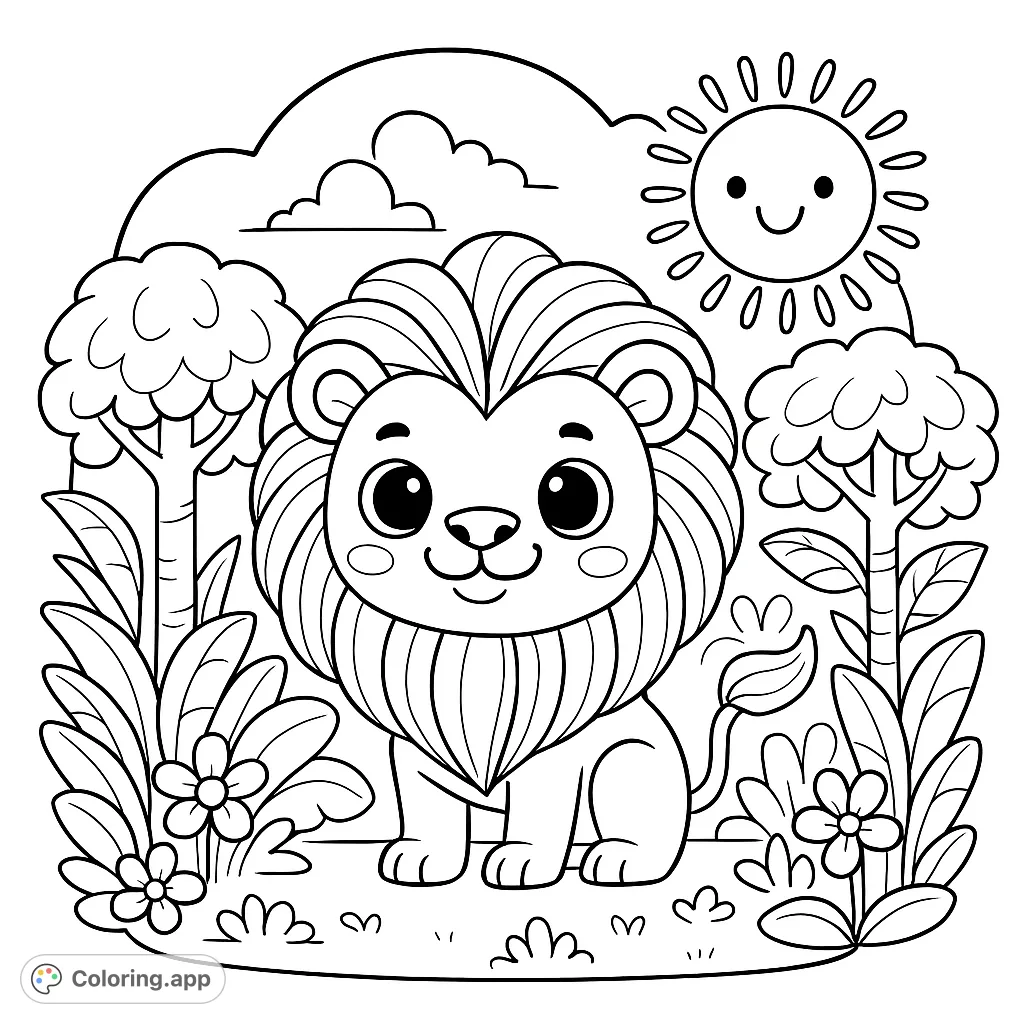A charming cartoon lion with a fluffy mane stands amidst lush jungle foliage, under a smiling sun. Perfect for a fun coloring activity.