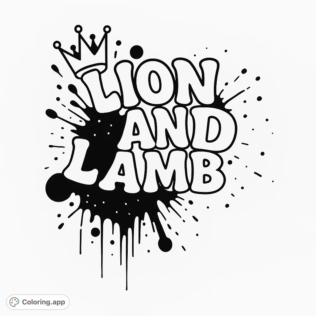 A bold, stylized 'Lion and Lamb' text design with a crown and dynamic splatter effects, perfect for expressive coloring.