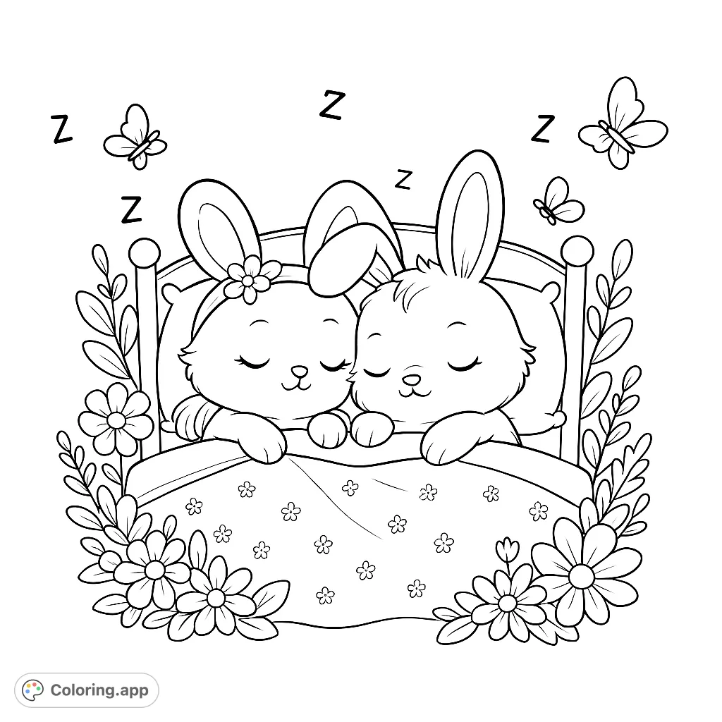 Adorable bunnies sleep soundly in a cozy bed, surrounded by whimsical flowers and fluttering butterflies. A peaceful scene for sweet dreams and creative coloring.