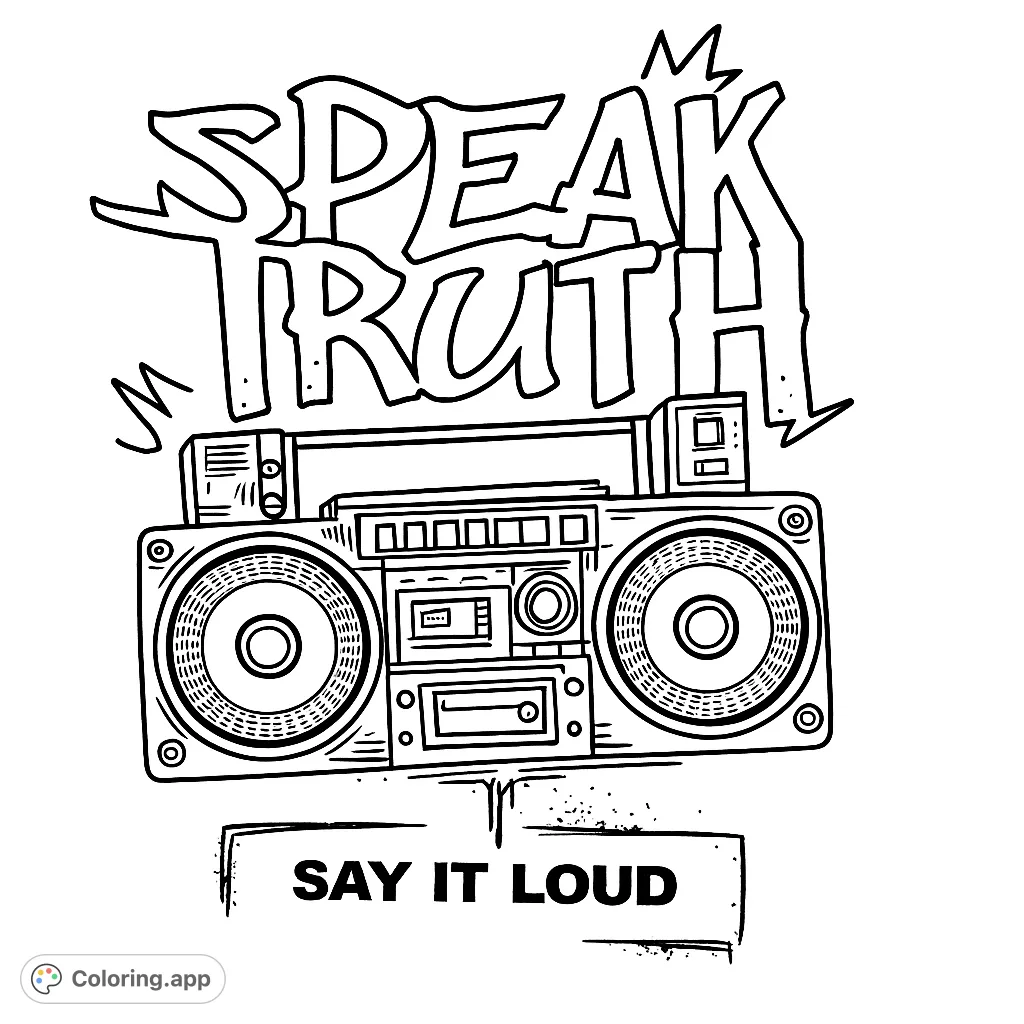Unleash your voice with this urban-inspired boombox coloring page. Features bold text and a retro design, perfect for expressing your unique style.