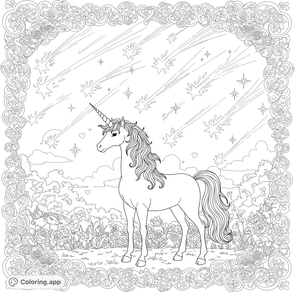 A majestic unicorn surrounded by shooting stars and whimsical heart shapes, perfect for a magical coloring adventure.