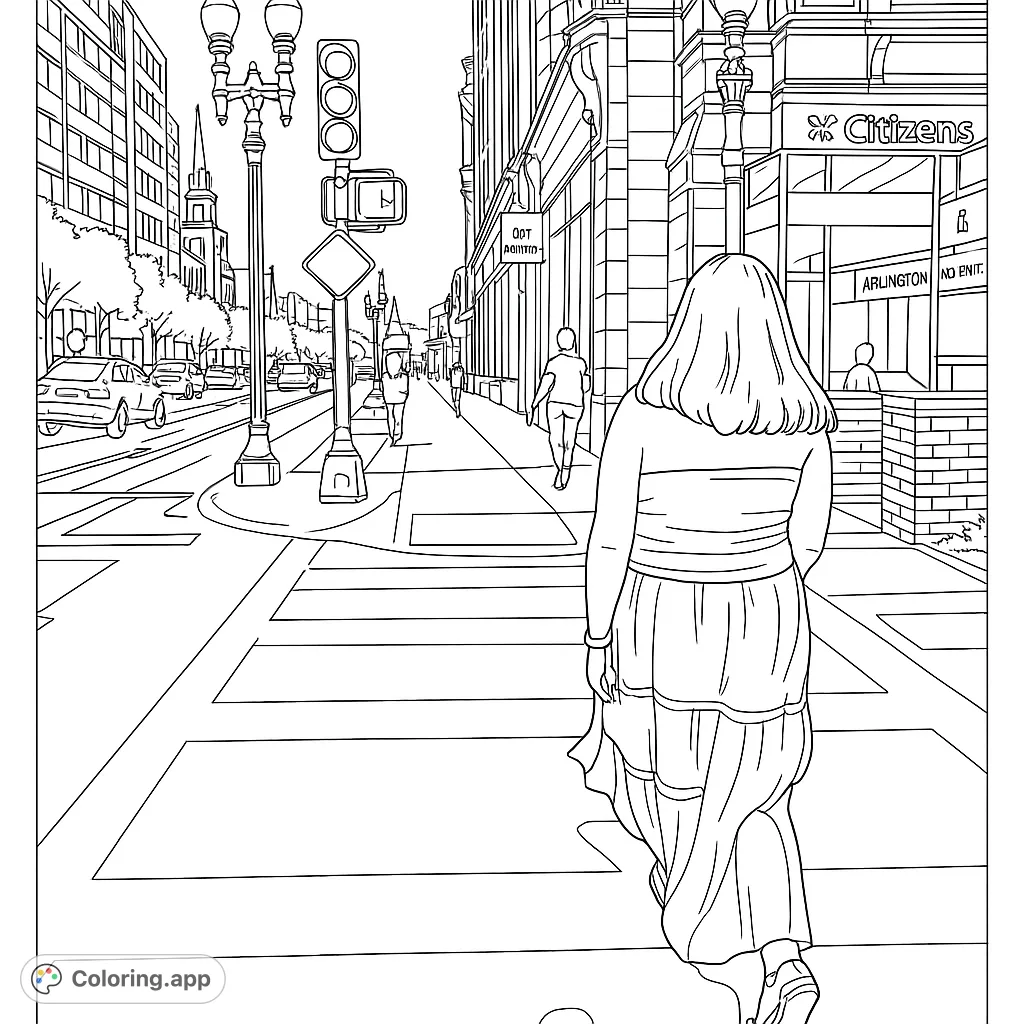 Explore a bustling city street scene with a person crossing a detailed crosswalk, surrounded by urban architecture and street life. A dynamic urban coloring page.