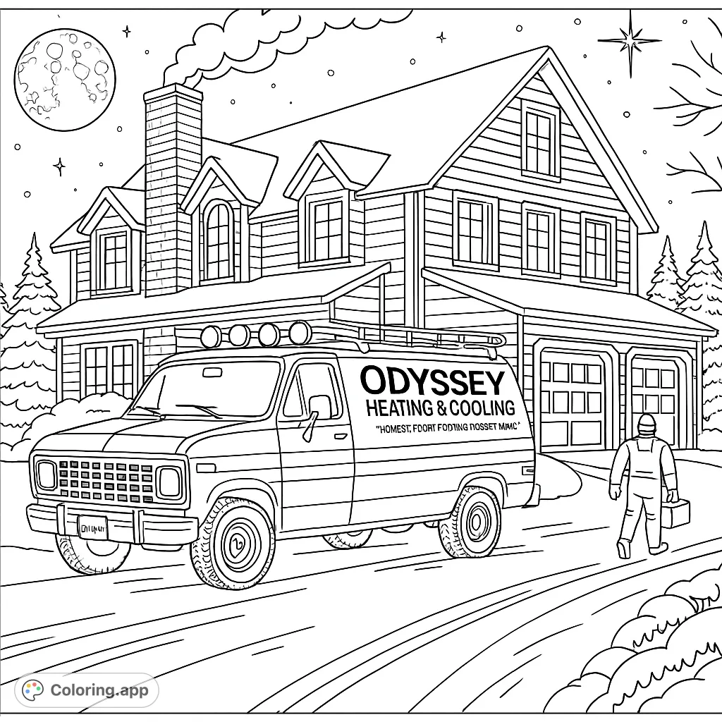 A cozy winter night scene featuring a service van, a house covered in snow, and a technician arriving to help. Perfect for a festive coloring experience.