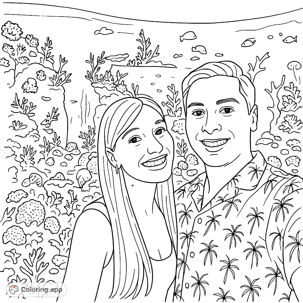 A happy couple smiles in front of a vibrant aquarium, surrounded by intricate coral and aquatic life. Perfect for a relaxing coloring escape.