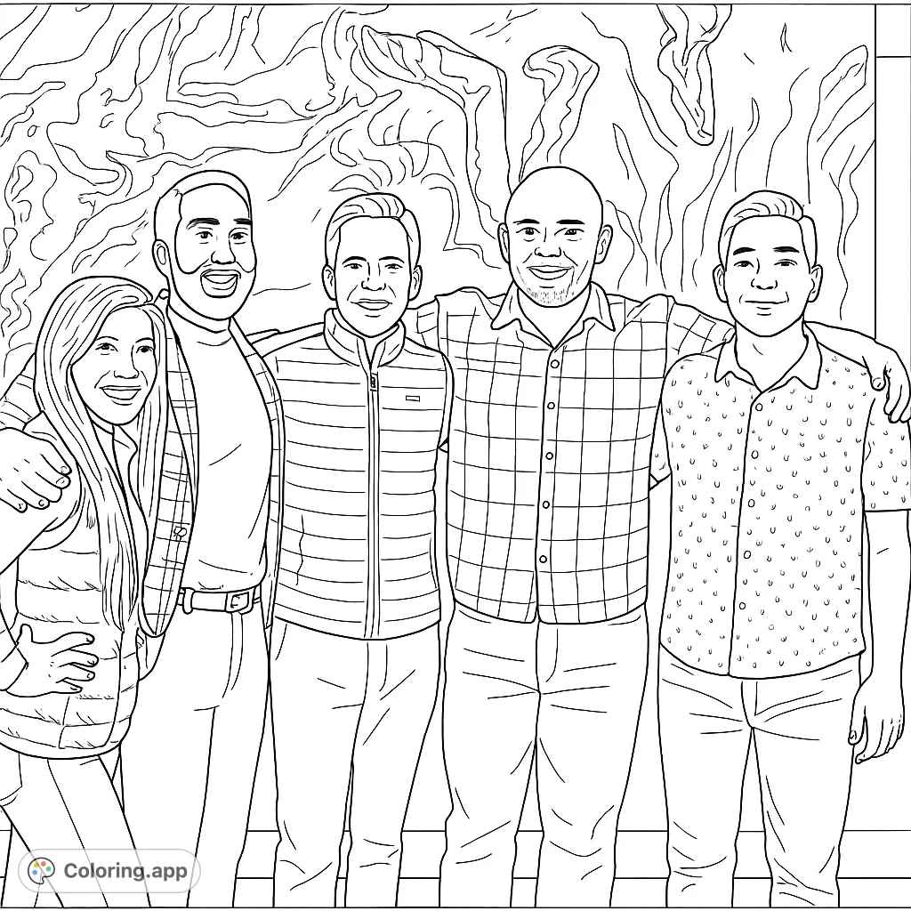 A heartwarming group of friends smiling together, perfect for a friendship coloring page. Features diverse individuals and a unique abstract background.