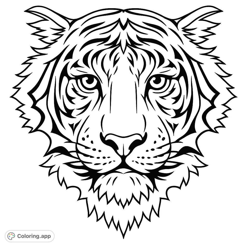 Unleash your creativity with this striking tiger head coloring page, featuring bold stripes and a powerful gaze. Perfect for all ages!