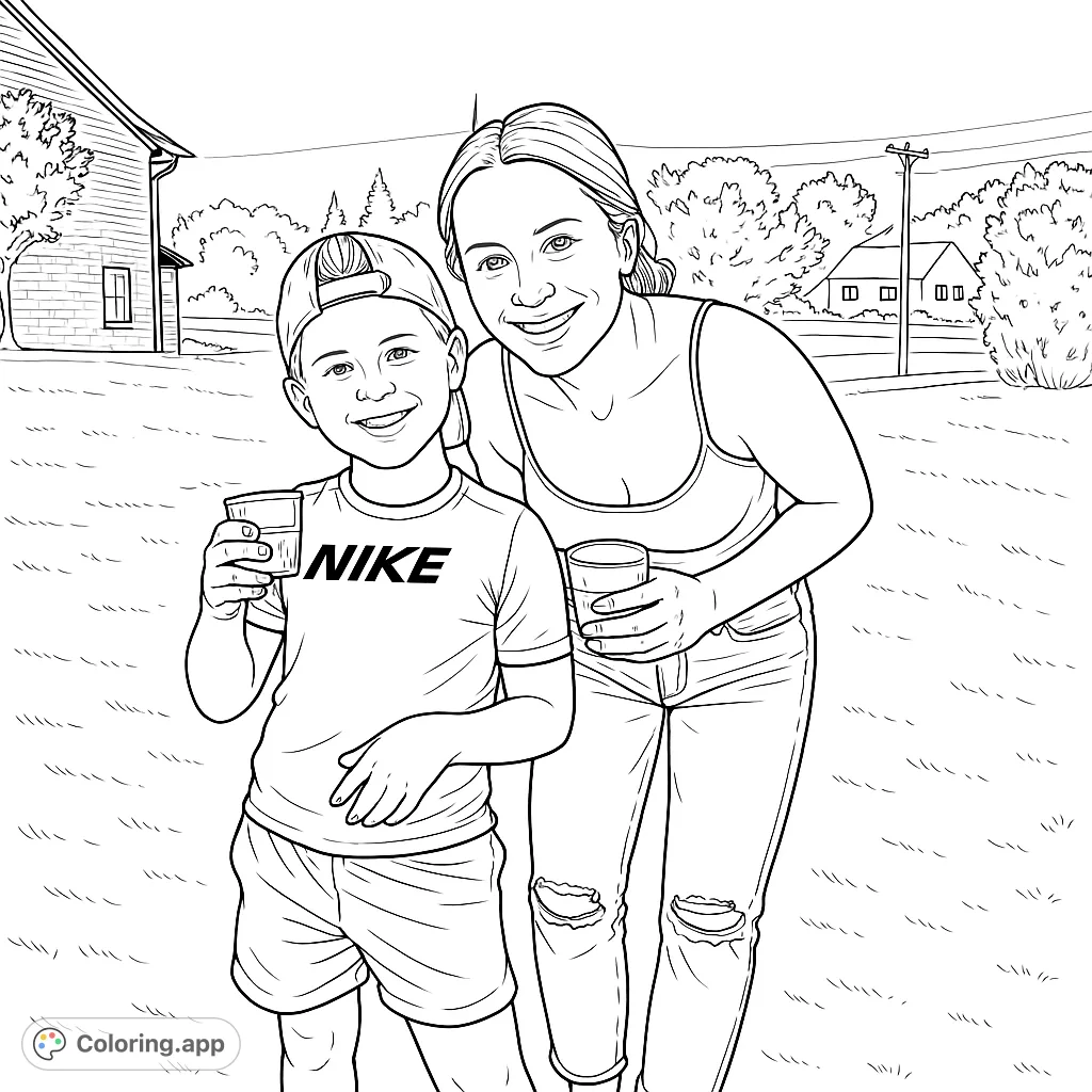 A heartwarming scene of two smiling individuals outdoors, perfect for a family-themed coloring page. Capture their joy and the evening ambiance.