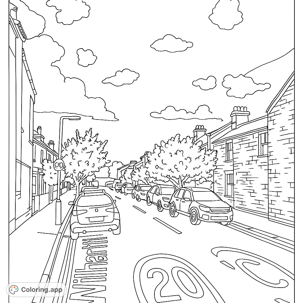 Explore a detailed residential street coloring page featuring parked cars, charming houses, and trees under a cloud-filled sky. Perfect for urban enthusiasts.