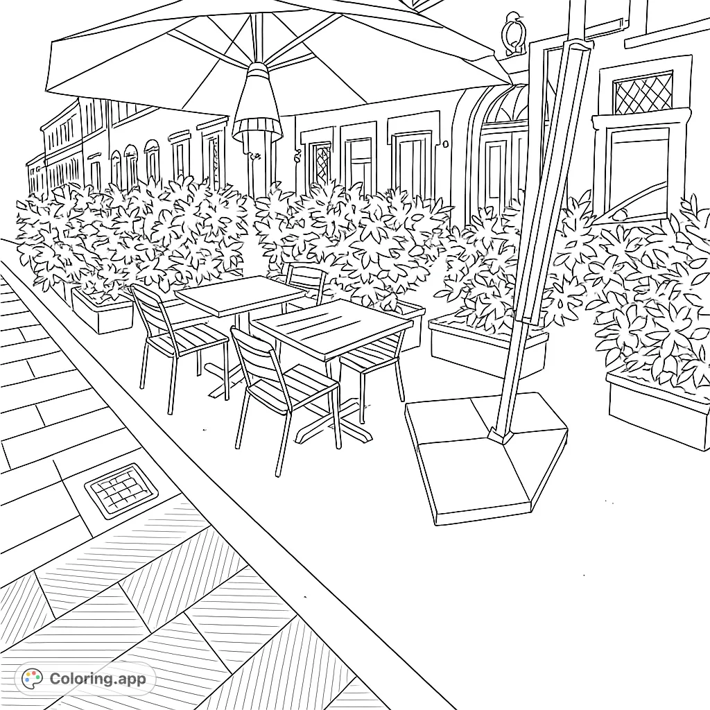 Discover a charming street cafe coloring page featuring outdoor tables, chairs, lush plants, and classic city architecture. A delightful urban escape!