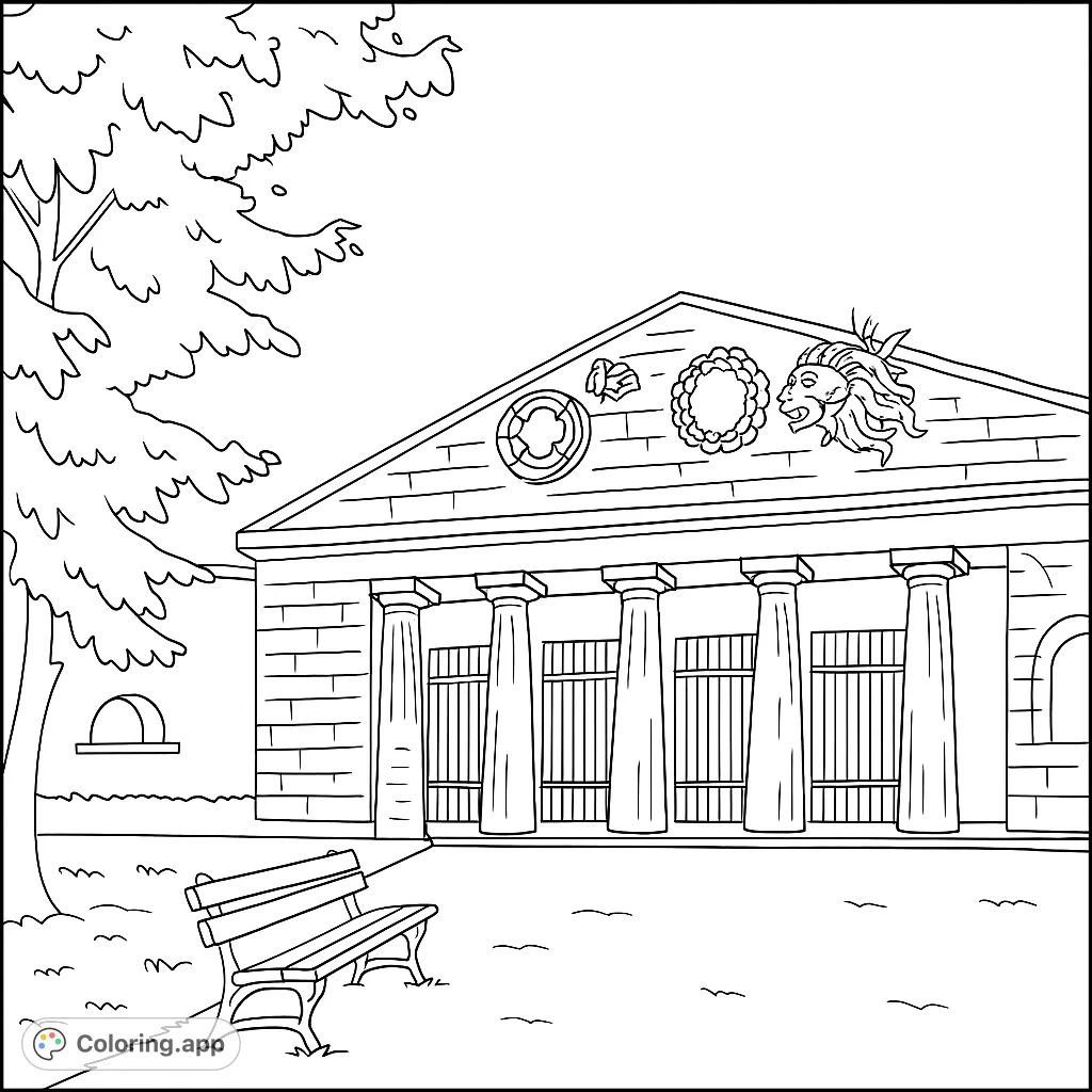 Explore a grand classical building facade with intricate columns, ornate gates, and decorative reliefs. A detailed architectural coloring page for all ages.