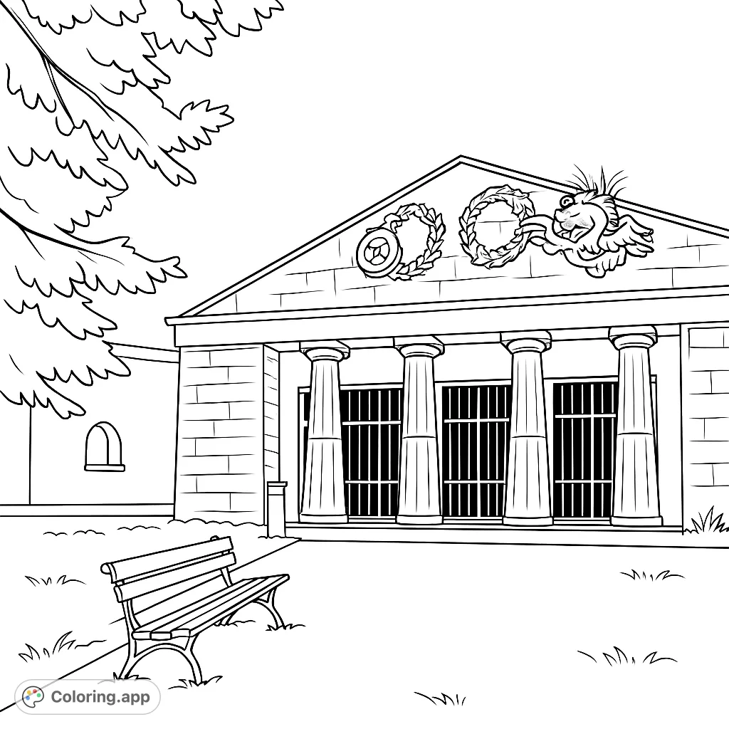 Explore a grand classical building facade with majestic columns, intricate gates, and decorative reliefs. A peaceful park bench awaits your creative touch.